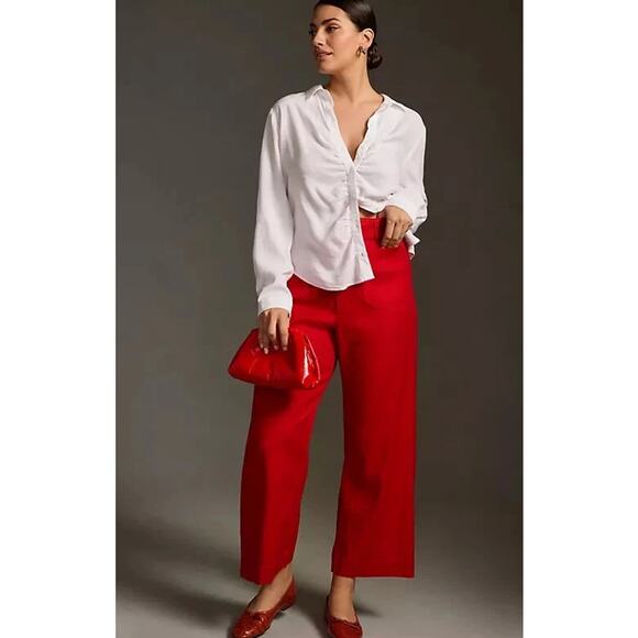 Anthropologie Maeve Plus The Colette Pants Linen-Blend Crop Pants Red Size 33 - Picture 1 of 12